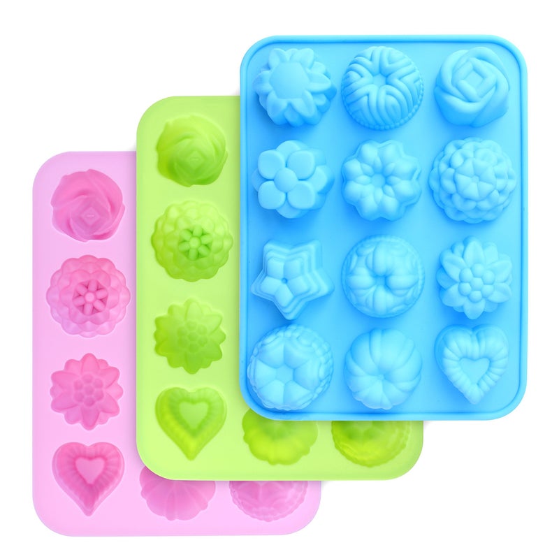 homEdge Food Grade Silicone Flowers Molds, Baking Pan with Flowers and Heart Shape Non-Stick 3-Pack Silicone Molds for Chocolate, Candy, Jelly, Ice Cube, Muffin (Pink, Blue and Green) - Image 1